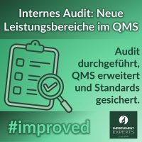 Grafik mit der Überschrift "Internes Audit: Neue Leistungsbereiche im QMS" und dem Text "Audit durchgeführt, QMS erweitert und Standards gesichert". Ein Icon zeigt ein Klemmbrett mit einer Checkliste und einem Haken im Fokus.
